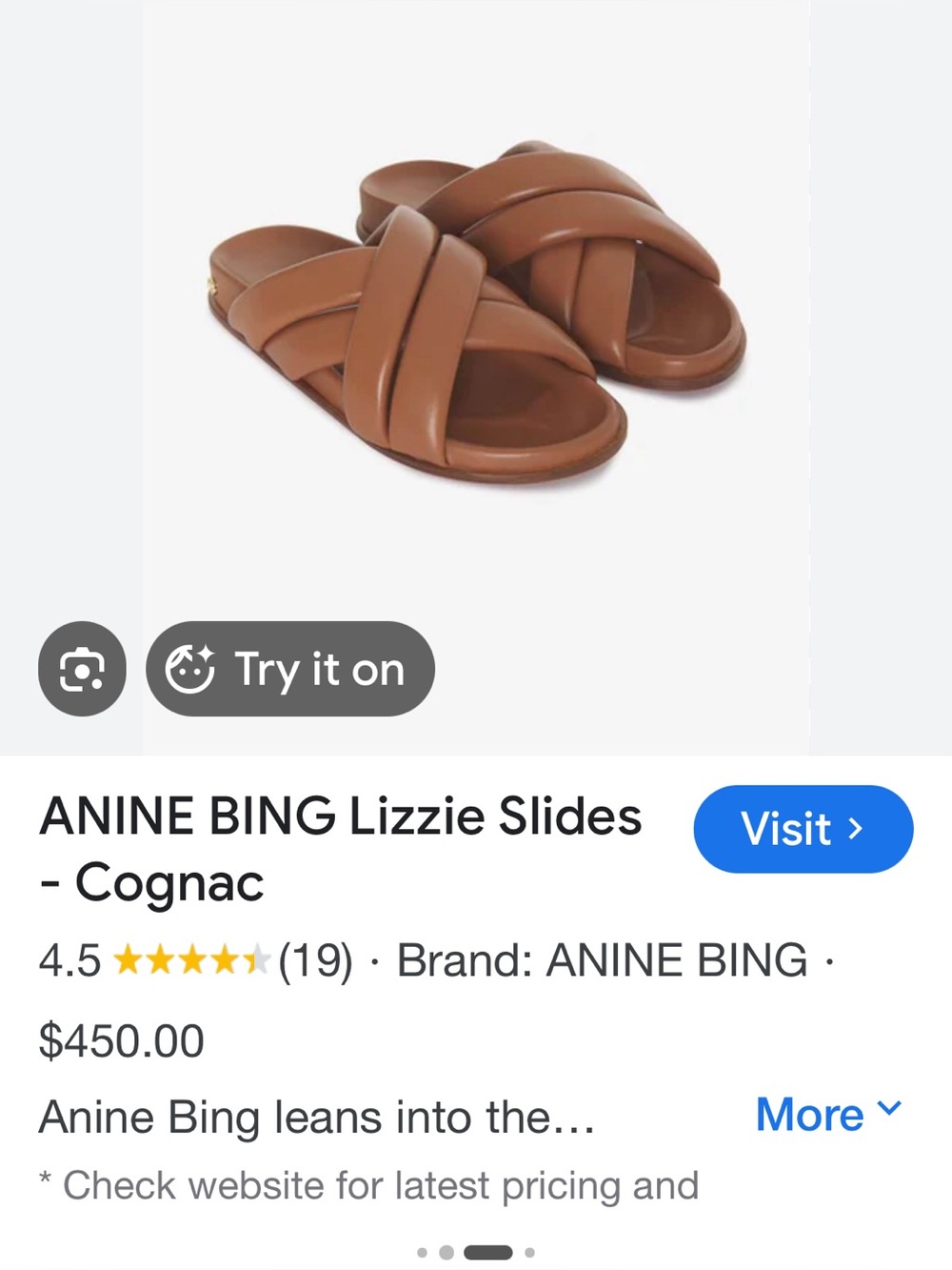 Anine Bing Lizzie Padded Crossover Slides in Cognac. Size 9.